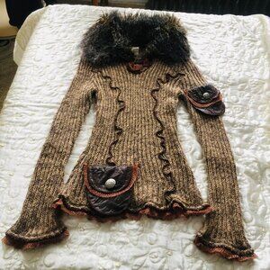 NICOLE BENISTI Signture Collection Y2K Sweater w/ Faux Fur Collar & Leather Sz S